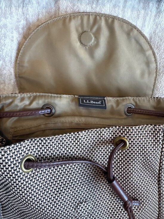 Vintage L.L. Bean Brown Woven Backpack Leather Straps Summer Travel main image 8